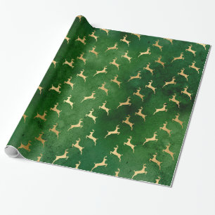 Elegant Emerald Green en Gold Reindeer Kerstmis Cadeaupapier