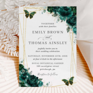 Elegant Emerald Green Floral Butterflies Wedding Kaart