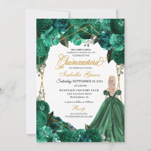 Elegant Emerald Green Floral Quinceanera Kaart (Voorkant)