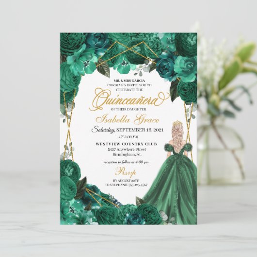 Elegant Emerald Green Floral Quinceanera Kaart (Staand voorkant)
