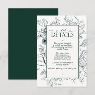Elegant Emerald Green Floral Wedding Details Informatiekaartje