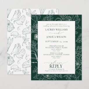 Elegant Emerald Green Floral Wedding Rehearsal Kaart