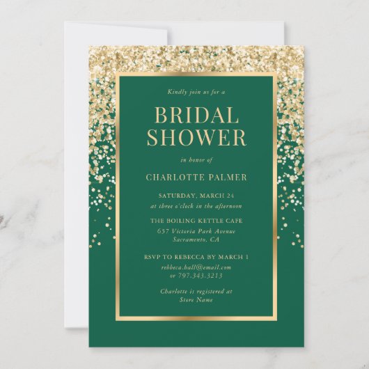 Elegant Emerald Green Gold Confetti Bridal Shower Kaart (Voorkant)