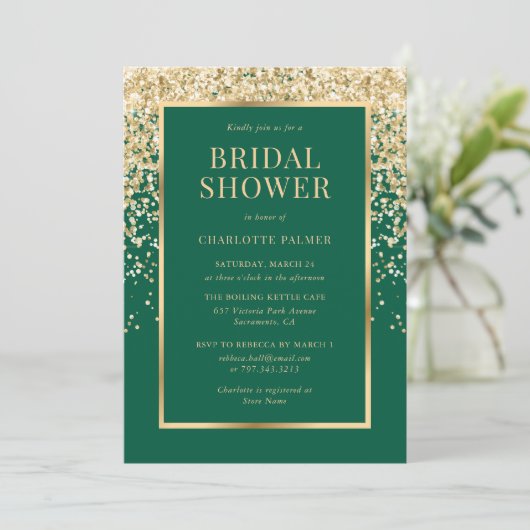 Elegant Emerald Green Gold Confetti Bridal Shower Kaart (Staand voorkant)