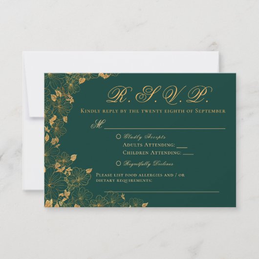 Elegant Emerald Green & Gold Floral RSVP (Voorkant)