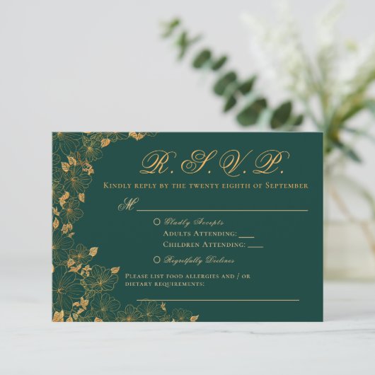 Elegant Emerald Green & Gold Floral RSVP (Staand voorkant)