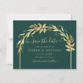 Elegant Emerald Green Gold Foliage Arch Wedding Save The Date (Voorkant)