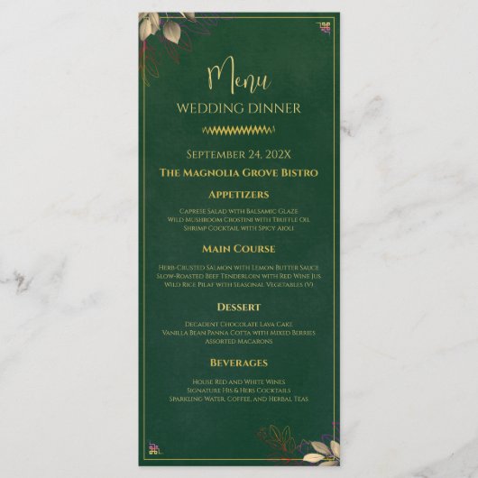 Élégant Emerald Green & Gold Mariage Dinner Menu (Devant)