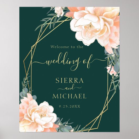 Elegant Emerald Green Gold Peach Floral Wedding Poster (Voorkant)