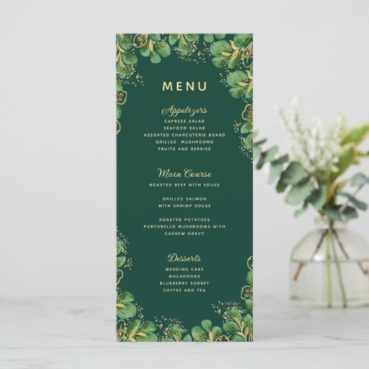 Elegant Emerald Green & Gold Rustic Wedding Menu (Staand voorkant)