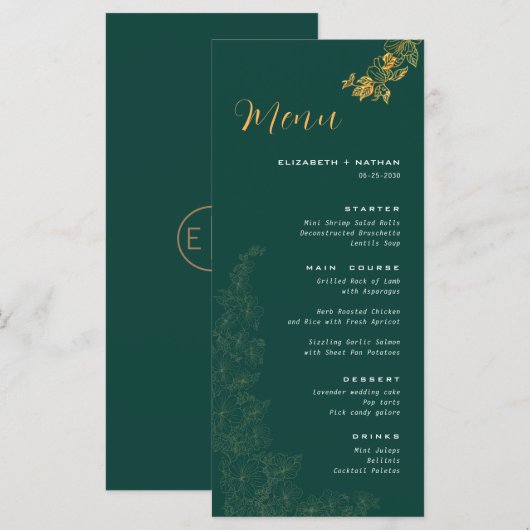 Élégant Emerald Green Golden Foliage Menu Mariage (Devant / Derrière)