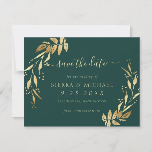 Elegant Emerald Green Golden Foliage Save the Date Kaart (Voorkant)