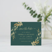 Elegant Emerald Green Golden Foliage Save the Date Kaart (Staand voorkant)