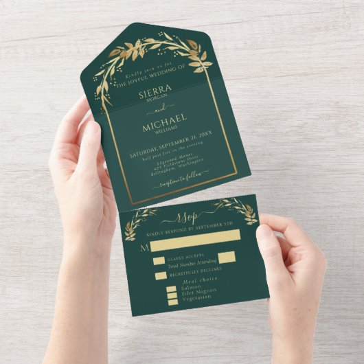 Elegant Emerald Green Golden Foliage Wedding Arch All In One Uitnodiging (Afscheurbaar)