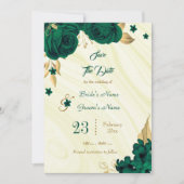 elegant emerald green goudbladeren save the date (Voorkant)