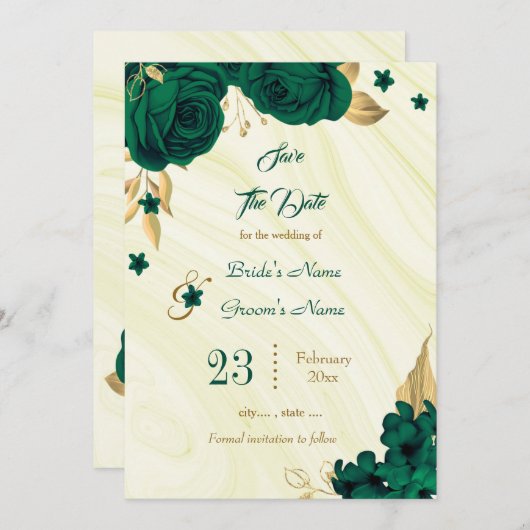 elegant emerald green goudbladeren save the date (Voorkant / Achterkant)