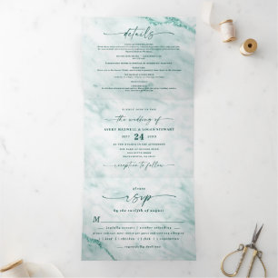 Elegant Emerald Green Metallic Marmer Wedding Drieluik Uitnodiging