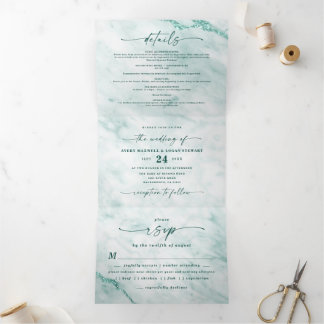 Elegant Emerald Green Metallic Marmer Wedding Drieluik Uitnodiging