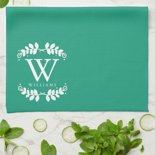 Elegant Emerald Green Monogram Theedoek (Gevouwen)