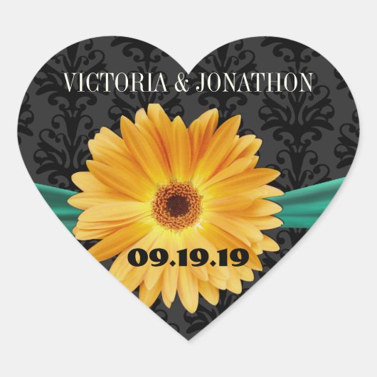 Elegant Emerald Green Yellow Gerber Daisy Wedding Hart Sticker (Voorkant)