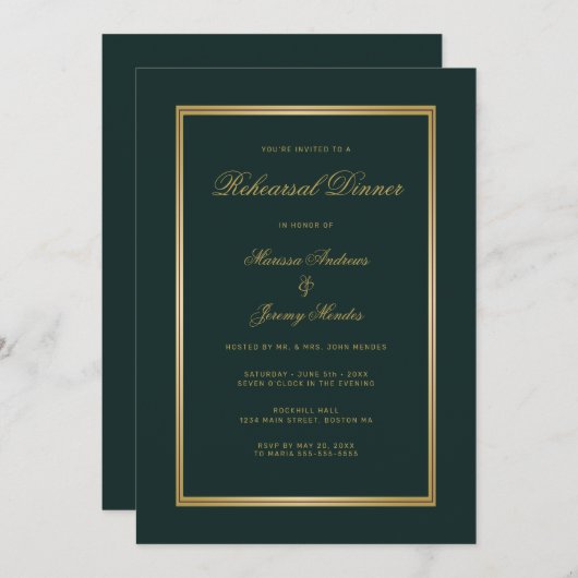 Elegant Emerald Groen Goud Script Repetitie diner Kaart (Voorkant / Achterkant)