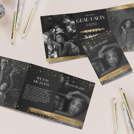 Elegant en Fun Gold Afstuderen drivovoudige uitnod Drieluik Programma