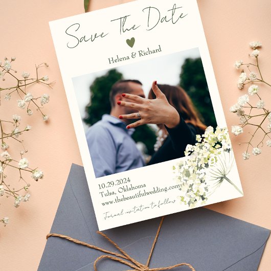 Elegant en groen bloemensieraad bruiloft save the date