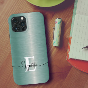 Elegant en modern blauw geborsteld metalen monogra iPhone 13 pro max hoesje