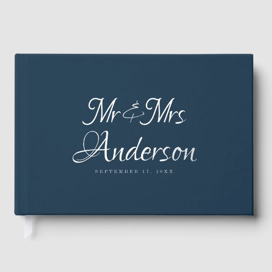 Elegant en modern script Navy Blue Wedding Gastenboek (Voorkant)