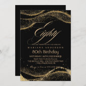 Elegant en modern zwart goud 80ste verjaardag Invi Kaart (Voorkant / Achterkant)