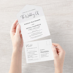 Elegant en modern zwart-wit huwelijk all in one uitnodiging