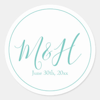 Elegant en Simple Blauwgroen Monogram Weddenschap Ronde Sticker