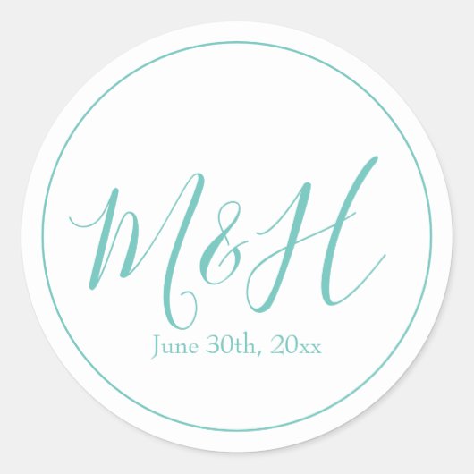 Elegant en Simple Blauwgroen Monogram Weddenschap Ronde Sticker (Voorkant)