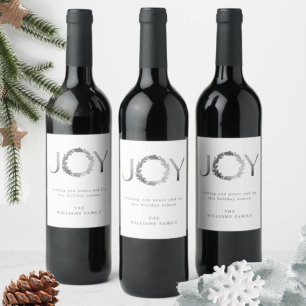 Elegant en Simple "JOY" Silver Foil Holiday Wine Wijn Etiket