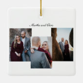 Elegant Engaged Married Script 3 Photo Collage Red Keramisch Ornament (Achterkant)