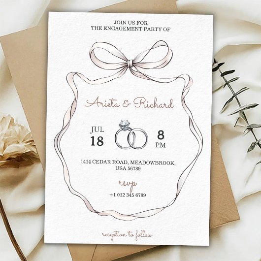 Elegant engagement party invitation with a bow