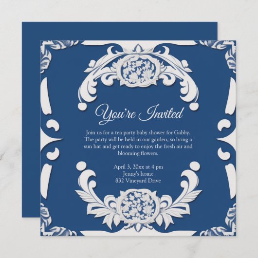 Elegant Engels Porselein Blauw&Wit Uitnodiging (Voorkant / Achterkant)