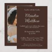 Elegant Espresso & Silver Script Photo Wedding Kaart (Voorkant / Achterkant)