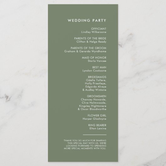 Élégant et moderne sauge foncé programme de mariag (Dos)