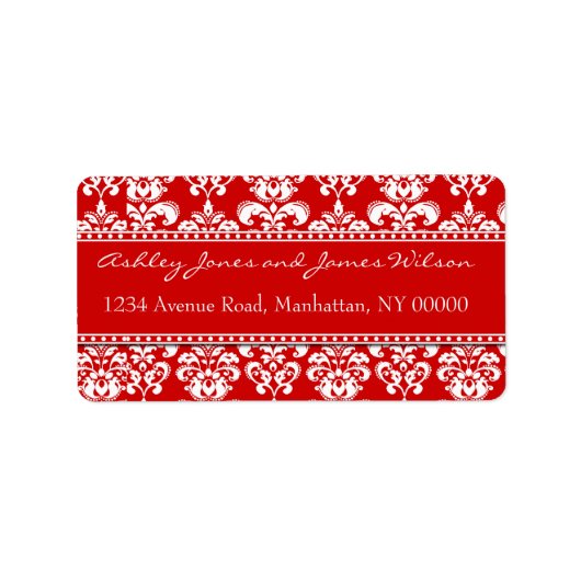 Élégant Étiquette de adresse rouge et blanc Damas (Devant)