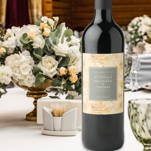 Élégant Étiquette de vin vert Sage jaune Floral