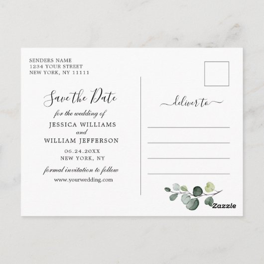 Elegant Eucalyptus 3 FOTO Weddenschap Save the Dat Briefkaart (Achterkant)
