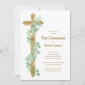Elegant Eucalyptus and Cross First Communion Kaart (Voorkant)