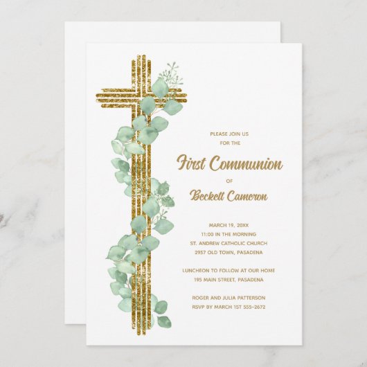 Elegant Eucalyptus and Cross First Communion Kaart (Voorkant / Achterkant)