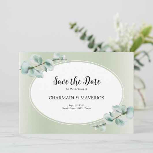 Elegant Eucalyptus blad groen bruiloft Save The Date (Staand voorkant)