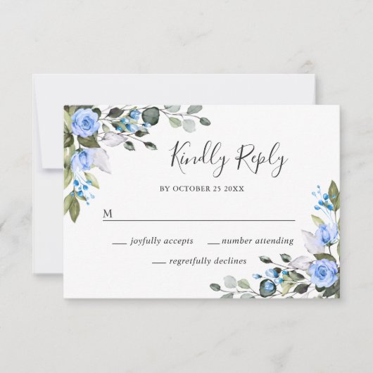 Elégant Eucalyptus Blue Roses mariage carte RSVP (Devant)