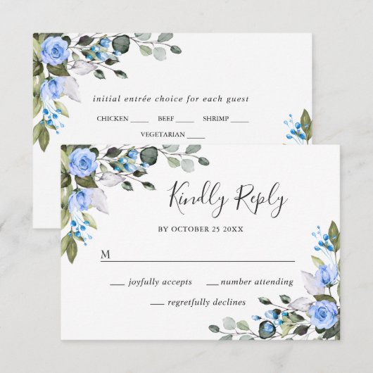 Elégant Eucalyptus Blue Roses mariage carte RSVP (Devant / Derrière)