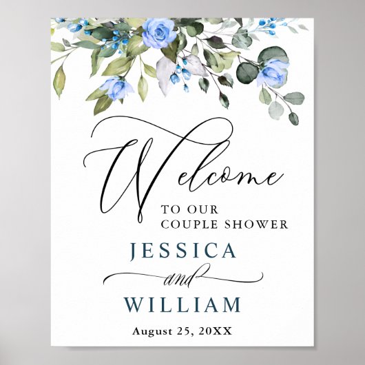 Elegant Eucalyptus Blue Rozen Couple Shower Poster (Voorkant)