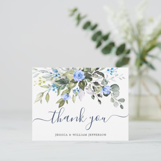 Elegant Eucalyptus Blue Rozen Floral bedankt Briefkaart (Staand voorkant)