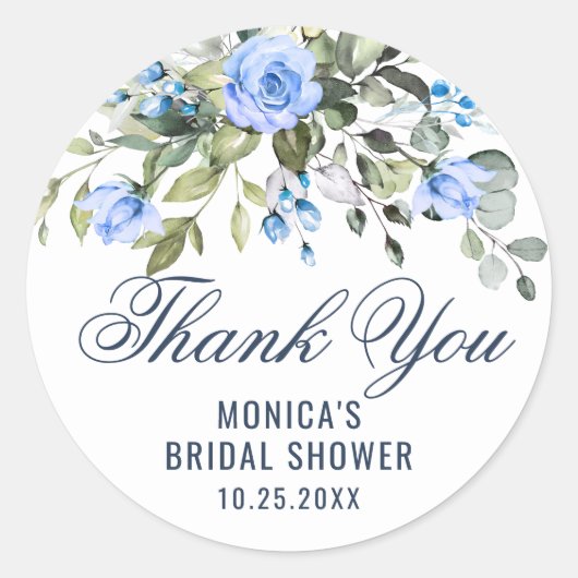 Elegant Eucalyptus Blue Rozen Floral bedankt Ronde Sticker (Voorkant)